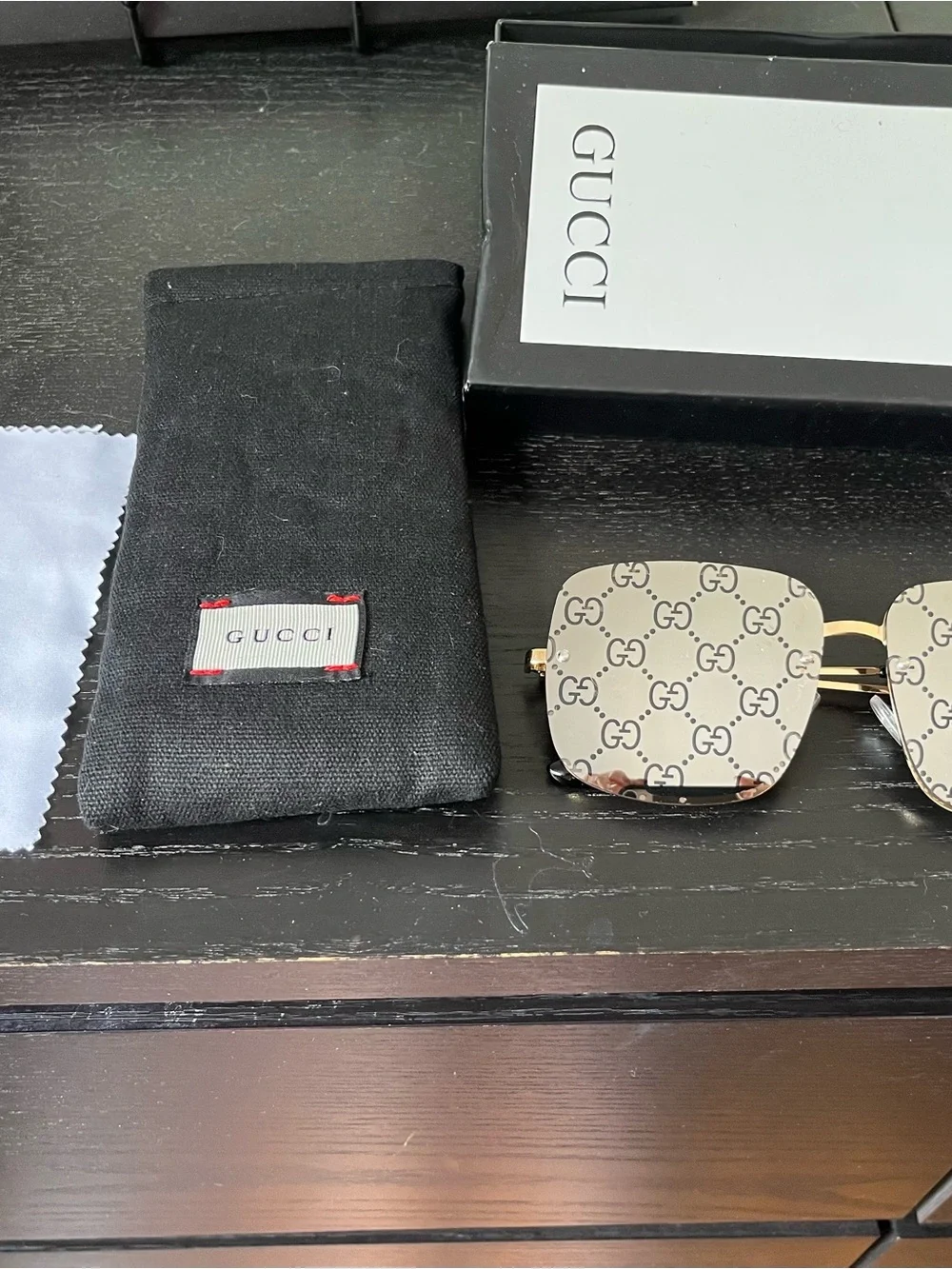 Gucci-Like Monogram Square Sunglasses - Gold Frame, Mirrored Beige Lenses - Picture 2 of 2